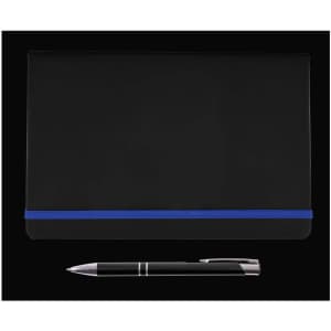 A black notebook with a blue elastic band and a silver pen.