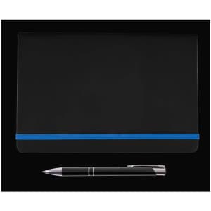 A black notebook with a blue elastic band and a silver pen placed beside it.