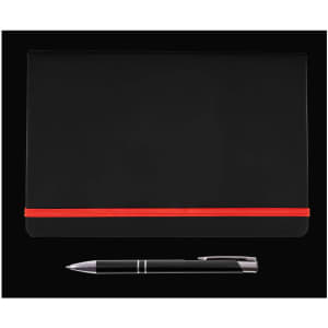 A sleek black notebook with a red elastic band and a stainless steel pen positioned beside it.