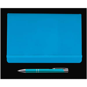 A blue folder paired with a matching teal pen.
