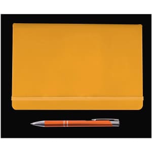 A yellow folder with an elastic band and a silver pen with an orange accent. Both items are neatly arranged.