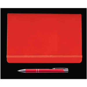 A red notebook with an elastic band closure and a matching red pen are featured in the Harmony Gift Set.