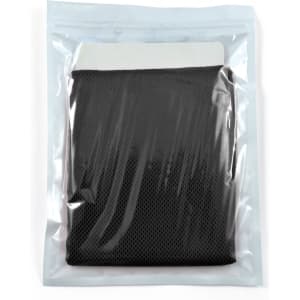 A black cooling towel packaged in a transparent pouch.