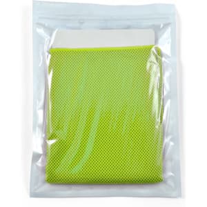 A green cooling towel packaged in a clear pouch. The towel features a mesh design for enhanced breathability.