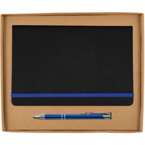 A cardboard gift set featuring a sleek notebook with a blue elastic band and a silver pen.
