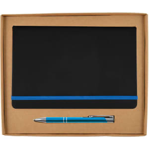 A notebook with a blue elastic band and a blue pen displayed in a cardboard gift box.