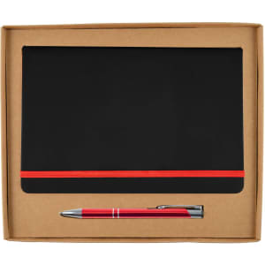 A cardboard gift set featuring a black notebook with a red elastic band and a silver pen.
