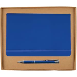 A blue notebook with an elastic band and a matching blue pen, presented in a brown cardboard gift box.