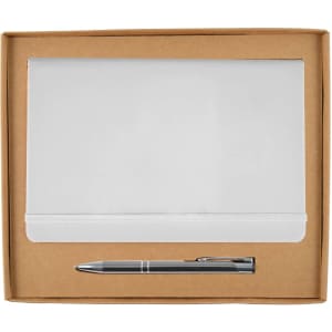 A cardboard gift set featuring a notebook with a sleek white cover and an elegant silver pen.