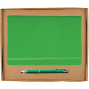 A green notebook with a matching pen, presented in a cardboard gift box.
