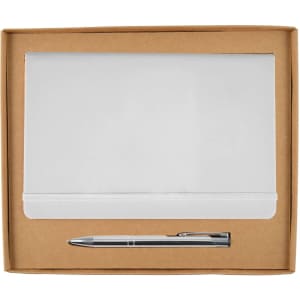 A white notebook and a silver pen are displayed in a brown cardboard gift set box.