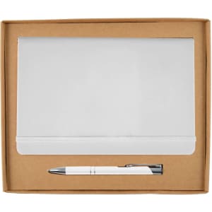 A white notebook and a silver pen are neatly packaged in a brown cardboard gift box.