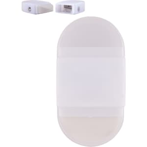 A white 2-in-1 pencil sharpener and eraser with a smooth, rounded design and a logo on the surface.