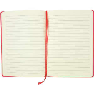 An open Genesis A5 notebook with lined pages and a red cover, featuring a red ribbon marker.