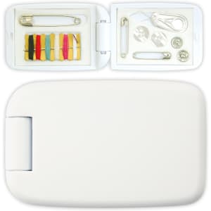 A white sewing kit with various threads, buttons, safety pins, and a needle inside a compact case.