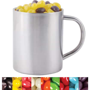 A silver mug filled with assorted jelly beans in vibrant colors, including yellow and purple.