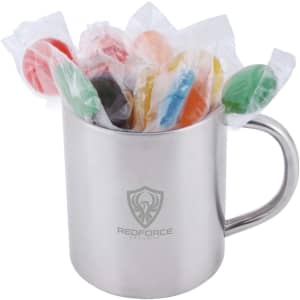 A stainless steel mug filled with assorted colour lollipops wrapped in clear plastic. The mug features a logo.