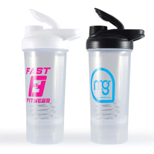 A drink bottle set featuring a clear shaker in white and a black lid, with a logo on each.