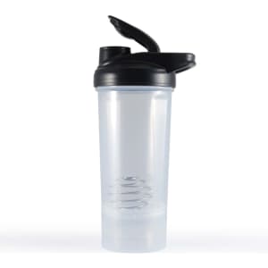 A drink bottle designed for protein shakes, featuring a clear container with a black lid and a metal mixing ball inside.