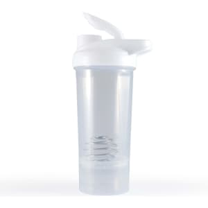 A clear protein shaker with a white lid and spout, featuring a spiral mixing ball inside.