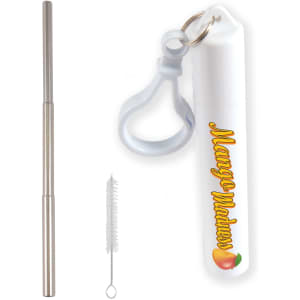 A telescopic stainless steel straw with a white carrying case and cleaning brush, featuring a logo.