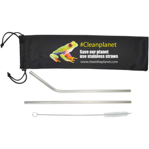 A stainless steel straw set in a black pouch, featuring two straws and a cleaning brush, with a logo.