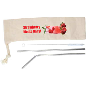 A Mojito Straw Set featuring two silver metal straws, a cleaning brush, and a beige pouch with a logo.