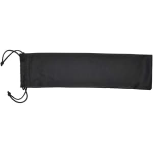 A black microfibre drawstring pouch is displayed, featuring drawstrings on either end for secure closure.
