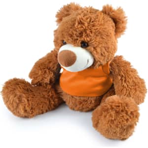 A plush teddy bear with fluffy orange fur and a white face, wearing an orange vest. The bear is sitting with outstretched arms.