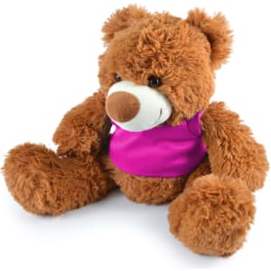 A plush teddy bear with a fluffy brown exterior and a round white nose, wearing a bright purple vest.