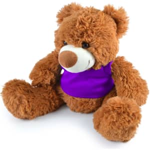 A plush teddy bear with fluffy brown fur and a purple shirt.