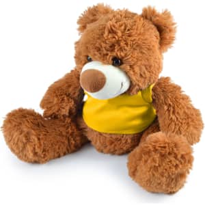 A plush teddy bear with a fluffy texture and a friendly face, wearing a yellow shirt.