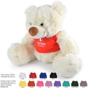 A fluffy white plush teddy bear with a red T-shirt, featuring a logo on the front. Soft and cuddly design.