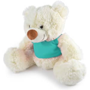 A Coconut Plush Teddy Bear featuring a soft cream-colored body and a turquoise shirt.