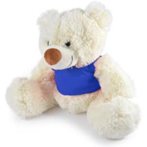 A Coconut Plush Teddy Bear featuring a soft white fur texture and a blue shirt.