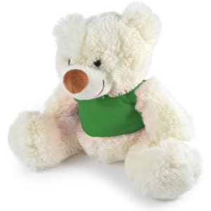 A plush teddy bear in white with a green vest, featuring soft fur and a friendly face.
