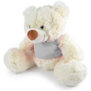 A plush teddy bear in cream color with a light pink vest and brown nose, featuring a soft, cuddly appearance.