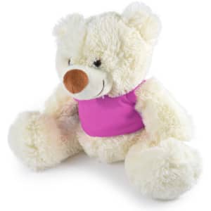 A plush teddy bear in cream with a brown nose, wearing a pink shirt, features a rounded shape and soft texture.