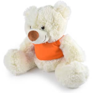 A plush teddy bear with a creamy white color and an orange shirt, featuring soft, fluffy fur and a friendly expression.