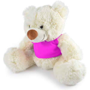 A plush teddy bear in cream with a pink shirt, featuring soft fur and a friendly expression.