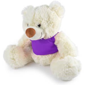 A Coconut Plush Teddy Bear with a soft, fluffy cream-colored fur and a purple shirt.