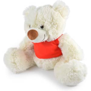 A plush teddy bear with a soft, fluffy white exterior and a brown nose, wearing a bright red shirt.