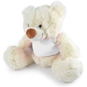 A plush teddy bear in cream and light pink, featuring a soft texture and a round nose. It has a blank area on its chest.