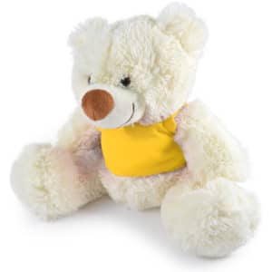 A plush teddy bear with a soft, white fluffy body and a brown nose, wearing a bright yellow vest.