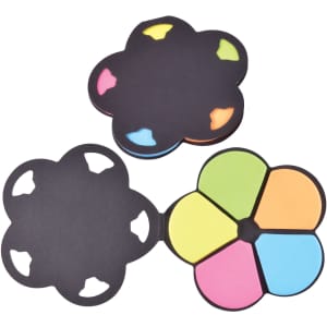 A set of flower-shaped sticky notes in black, with colorful note sections in pink, yellow, green, and blue.