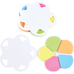A flower-shaped set of sticky notes in pastel colors: orange, pink, green, and yellow, with a white holder.