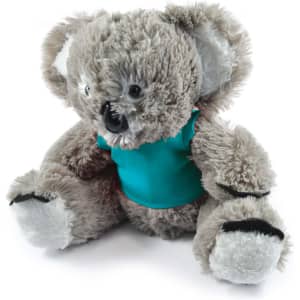 A plush toy koala with soft fur, wearing a teal shirt.