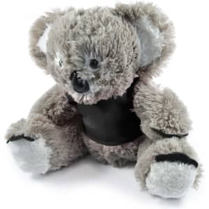 A plush koala toy named Korporate Koala, featuring soft fur and a friendly expression, wearing a black vest.