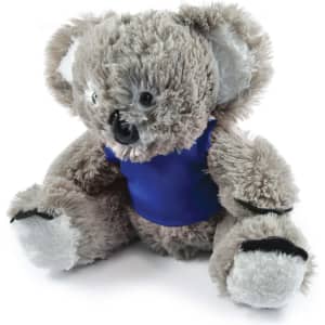 A plush toy koala with a soft, fuzzy texture, wearing a blue shirt.