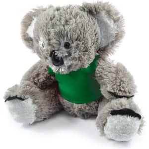 A plush toy koala with a green shirt, featuring soft, textured fur and large ears.